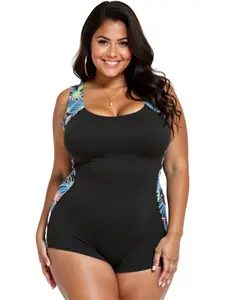 Plus Size One-Piece Swimsuit with Tropical Side Print, Square Neck Design for Summer Beach Vacations, Casual Style Swimwear, Sleeveless Swimsuit