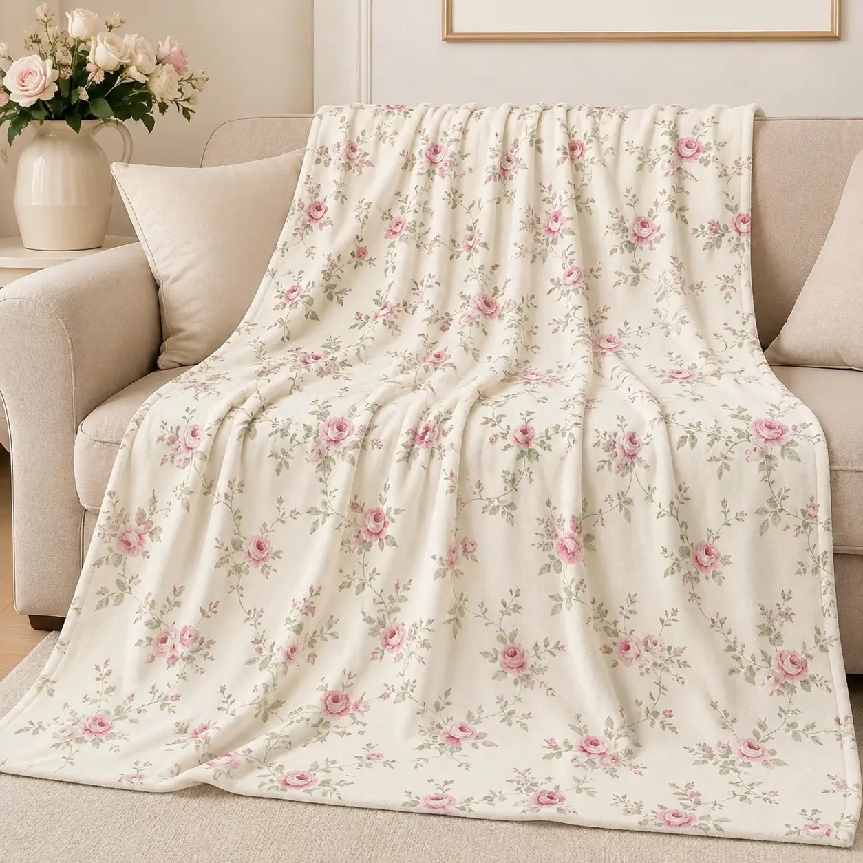 Vintage Pink Rose Floral Flannel Throw Blanket, Super Soft Lightweight Cream Flower Fleece Blanket for Adults & Kids, Cozy Cottage Style Floral Blanket with Plain White Reverse, Bed Chair Gift