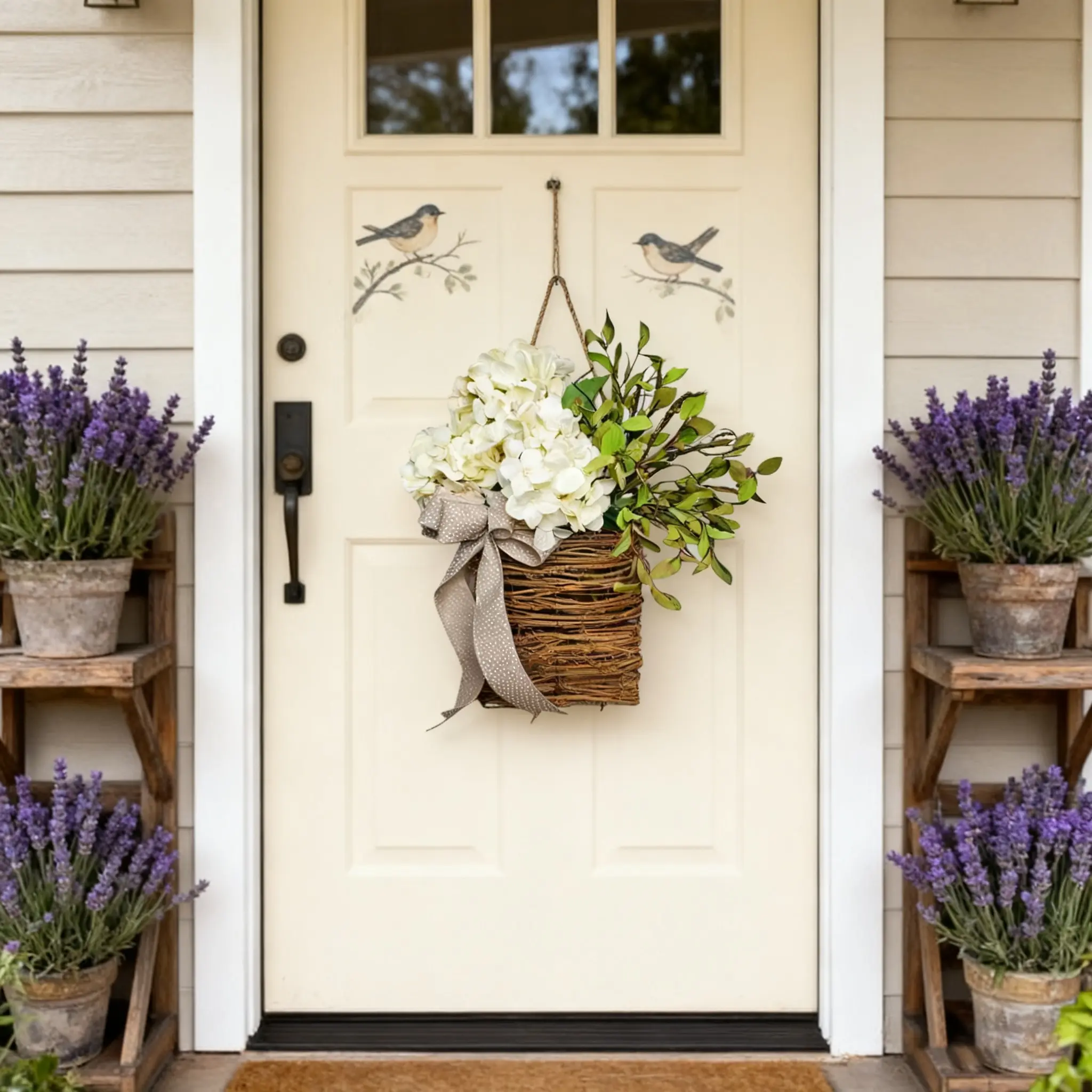 1PC Spring Flower Basket Cream Hydrangea Door Hanging Wreath 14 Inch Cottage Style Artificial Floral Wreath for Spring Summer Front Door Porch Garden Indoor Outdoor Use Patio Decoration Decor Decoration Decorative Flower Wreath
