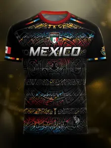 Mexico Soccer Jersey Aztec Calendar, Sporty Fitted Long Sleeve Top, Animal Print All Season Wear, Blue Accents, Lightweight Jersey