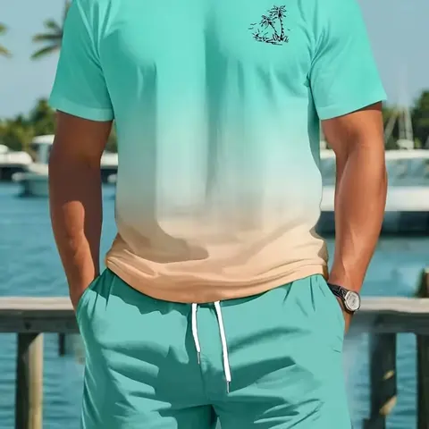 Men's Casual Round Neck Short Sleeve Ombre Gradient Print T-Shirt and Shorts Set Outfit, Menswear, Fashionable Tropical Beachwear, Fitted Patterned Shorts, 2 Piece Set