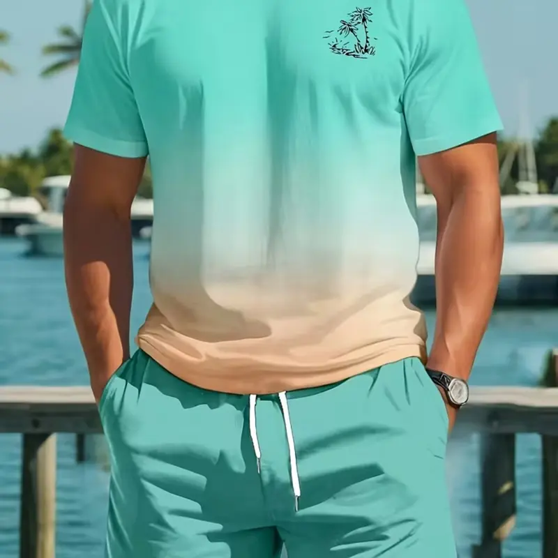 Men's Casual Round Neck Short Sleeve Ombre Gradient Print T-Shirt and Shorts Set Outfit, Menswear, Fashionable Tropical Beachwear, Fitted Patterned Shorts, 2 Piece Set