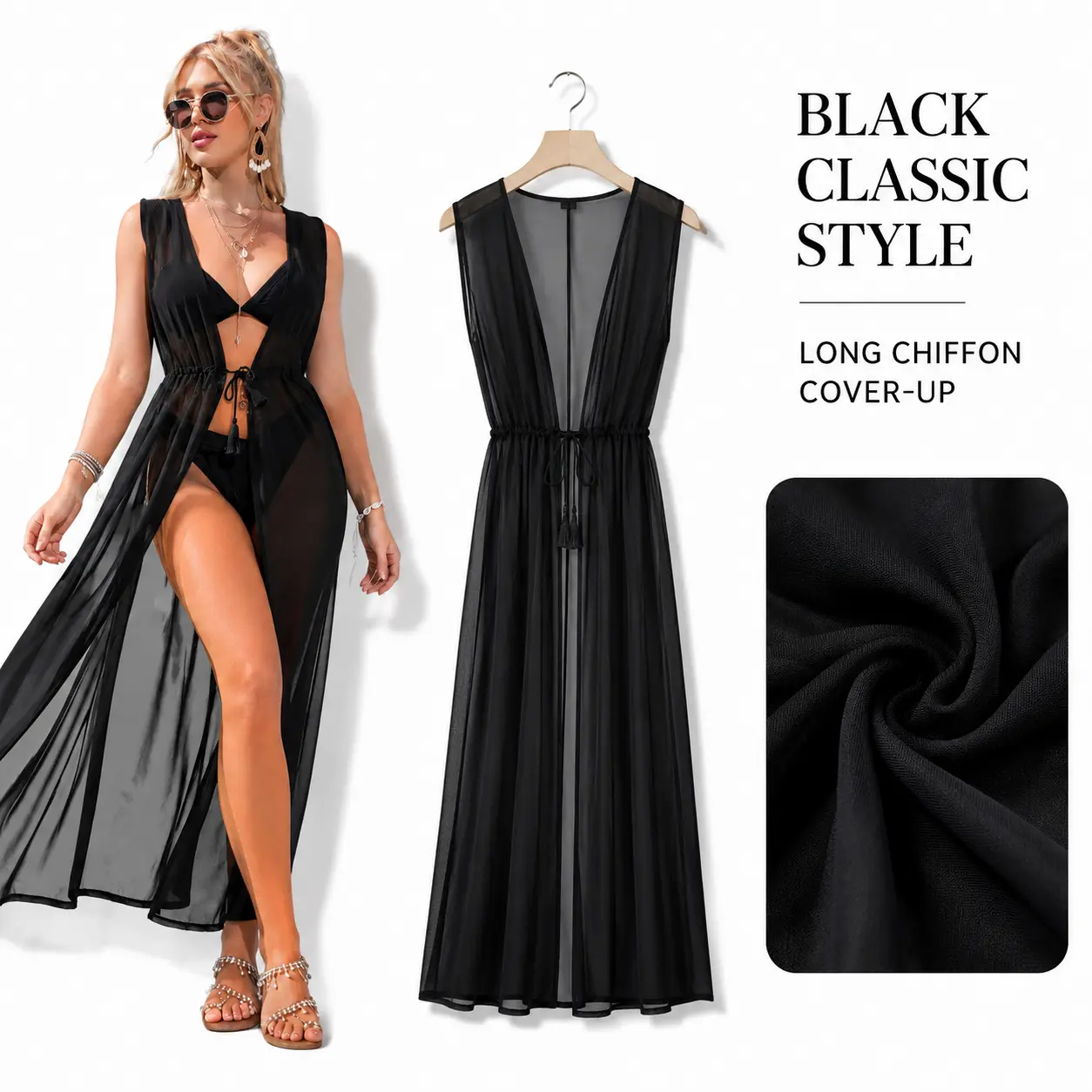 Women’s No-1 Size Casual Synthetic Sleeveless Long Sheer Chiffon Beach Cover Up - Tie-Front Open Maxi Dress, Kimono Cardigan for Vacation, Beachwear, One Size