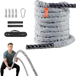 VEVOR Battle Rope, 1.5 Inch Diameter 30Ft Length Polyester Exercise Rope, Battle Exercise Equipment with Protect Sleeve & Anchor, Heavy Weighted Rope for Home Gym Workout Core Strength Training, Gray