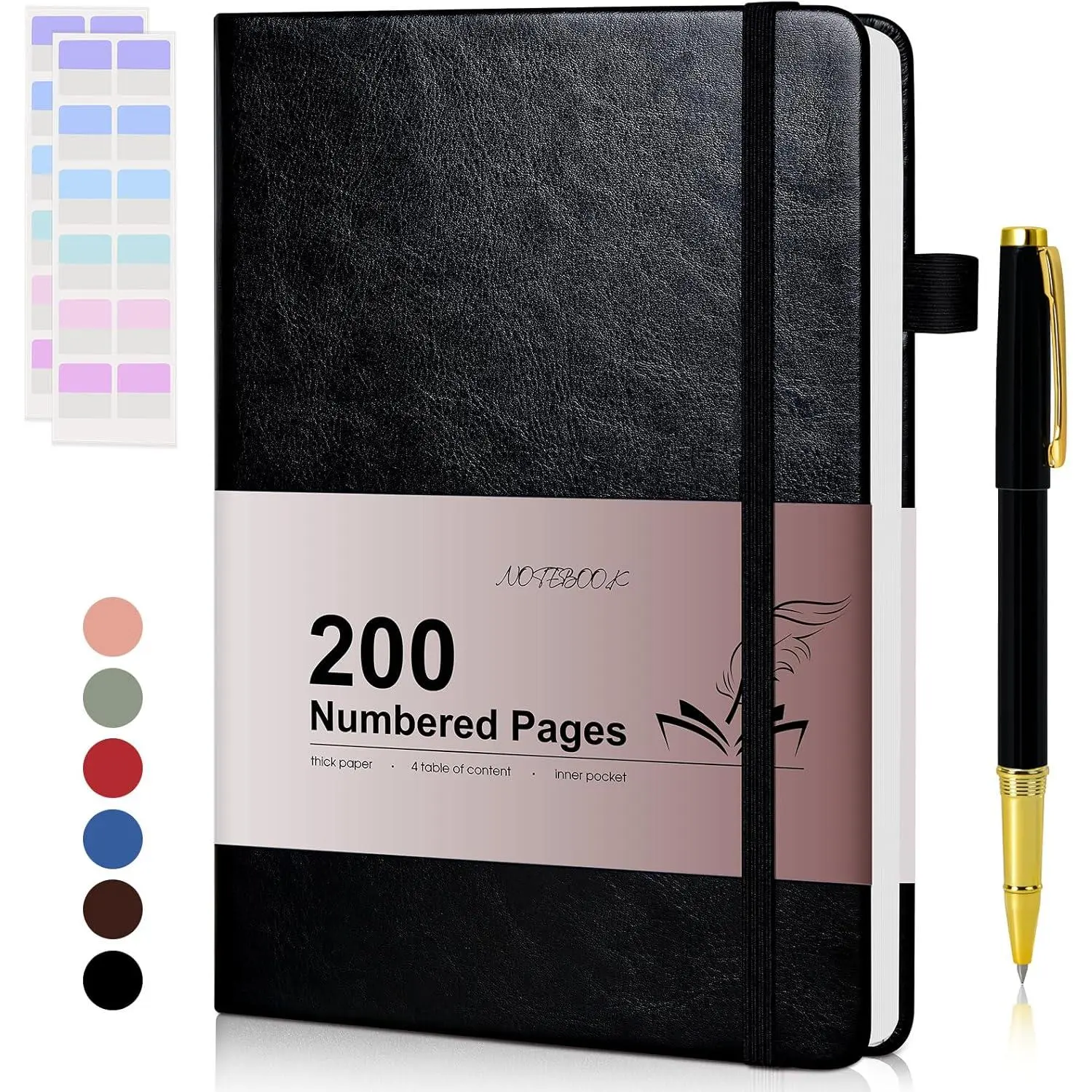 Classic Lined Journal Notebook - Leather Hardcover, A5 (5.75'' X 8.38''), Black, 200 Numbered Pages, Thick Paper, for Men & Women, Business Office Stationery