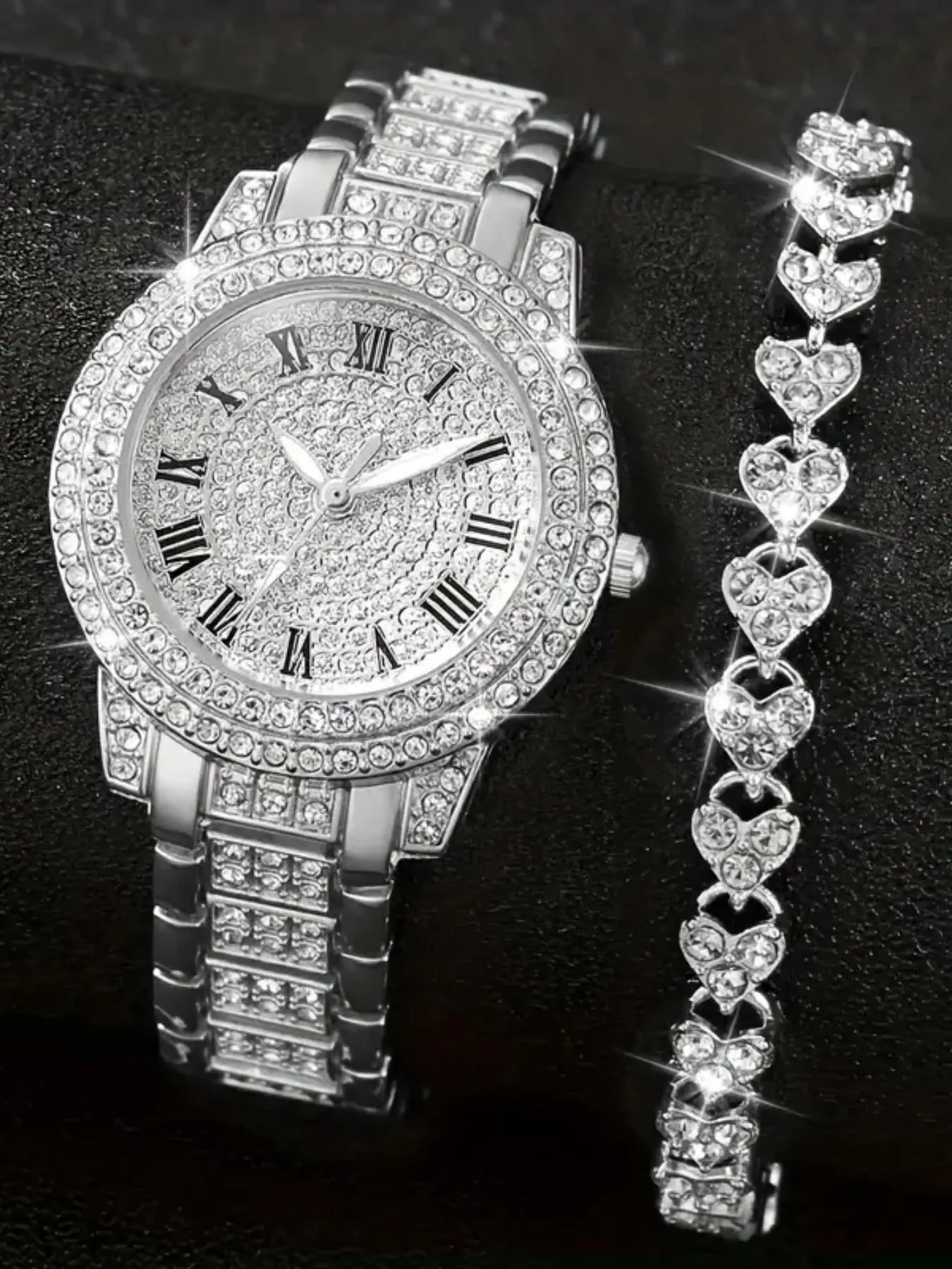 Women's Elegant Rhinestone Decorated Quartz Analog Watch & Bracelet Set, Exquisite Trendy Wristwatch & Bracelet, Fashionable Watch Set As Gift for Women & Girls, Rhinestones Decor Wristwatch, Fashion Watch Jewelry