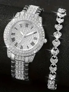 Women's Elegant Rhinestone Decorated Quartz Watch & Bracelet Set, Exquisite Trendy Wristwatch & Bracelet, Fashionable Watch Set As Gift for Women & Girls, Rhinestones Decor Wristwatch, Fashion Watch Jewelry
