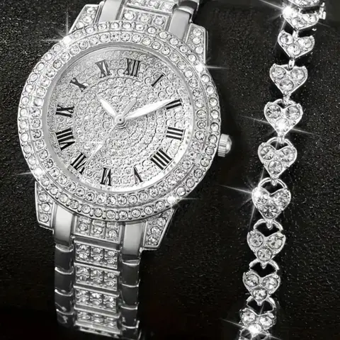 Women's Elegant Rhinestone Decorated Quartz Analog Watch & Bracelet Set, Exquisite Trendy Wristwatch & Bracelet, Fashionable Watch Set As Gift for Women & Girls, Rhinestones Decor Wristwatch, Fashion Watch Jewelry