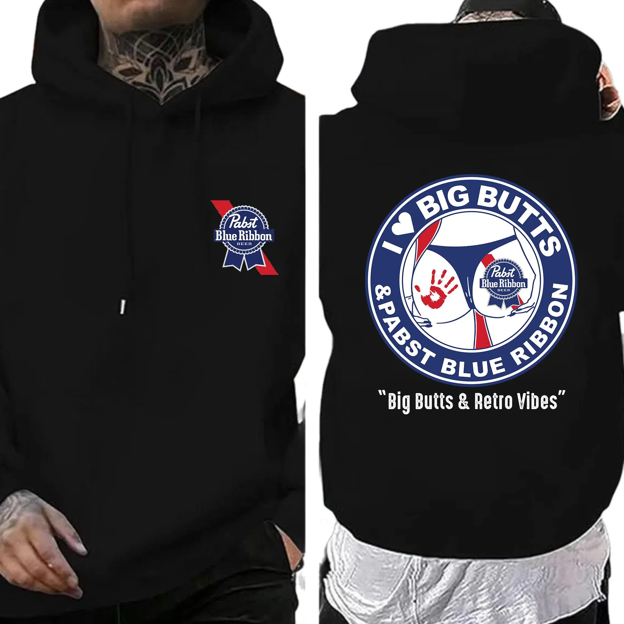 I Love Big But & PBR Beer Funny Double-Sided Hoodie – Hilarious Graphic Menswear & Womenswear for Beer Fans, Backyard BBQs & Classic American Vibes