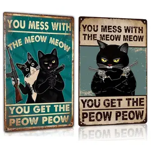 You Mess with the Meow Meow Metal Sign, Funny Black Cat Wall Art Sign, Inspiring Cat's Lovers Vintage Signs for Bedroom or Room Decor