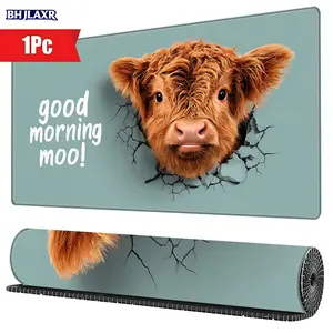 Whimsical Teal Background Highland Cow Good Morning Moo Gaming Mousepad 15.7x35.4inch Stitched Edges Non - Slip for Office Game Desk, Perfect Gift for Cow Lovers