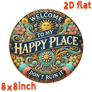 2D Flat - 8X8 Inches, Welcome to My Happy Place' Round  Sign - Durable, Easy to Hang Decoration for Bedrooms, Kitchens, Dining Rooms And Bars - Perfect Home Or Office Gift, Room Decoration, , Perfect Room Decoration, Hanging Decorative   art