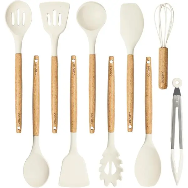CAROTE 10-Piece Kitchen Utensils Set with Wood Cool-Touch Handles, Cream | Silicone Cooking Utensil, Food Grade, Nonstick Cookware Friendly, BPA-Free, Heat-Resistant, Everyday Home Essentials, Gifts