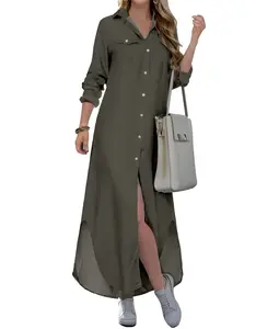 Women's Casual Long Sleeve Dress Button Down Lapel Collar Maxi Dress Floral Printed Long Shirt Loose Dress