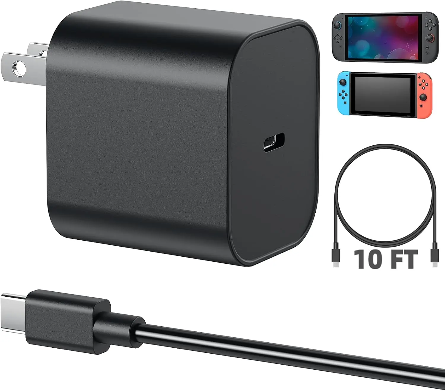RUNTOGOL 60W PD Fast Charging AC Adapter Set for Switch 2, with USB-C to Type-C Cable, Replacement Charger Block Compatible with iPhone 17/16/15 Pro Max, AirPods, iPad
