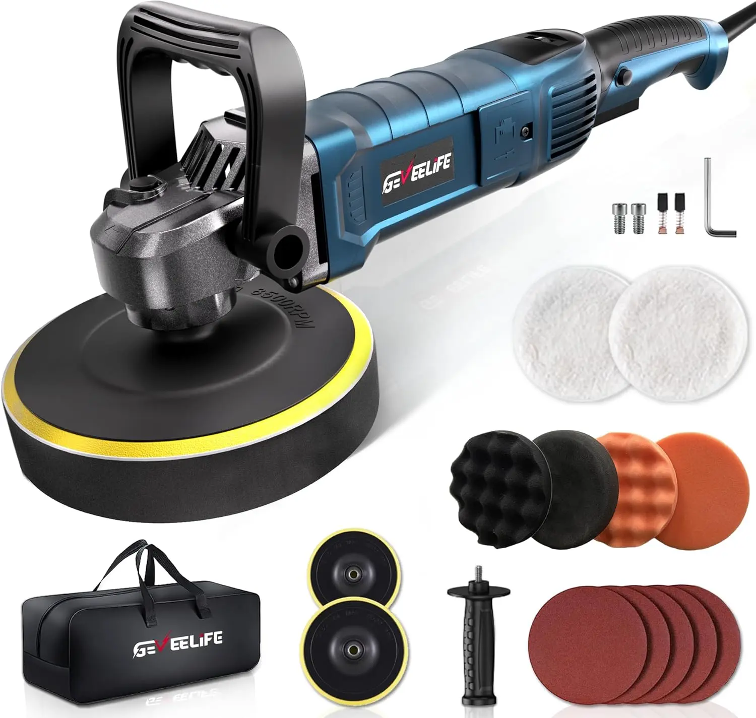 GEVEELIFE High Power 1600W 6-7-Inch Rotary Buffer – 7-Speed (1000-3500 RPM) with Detachable Handle, Grit Sandpaper & Restorer Wax Capabilities for Car, Boat Polishing