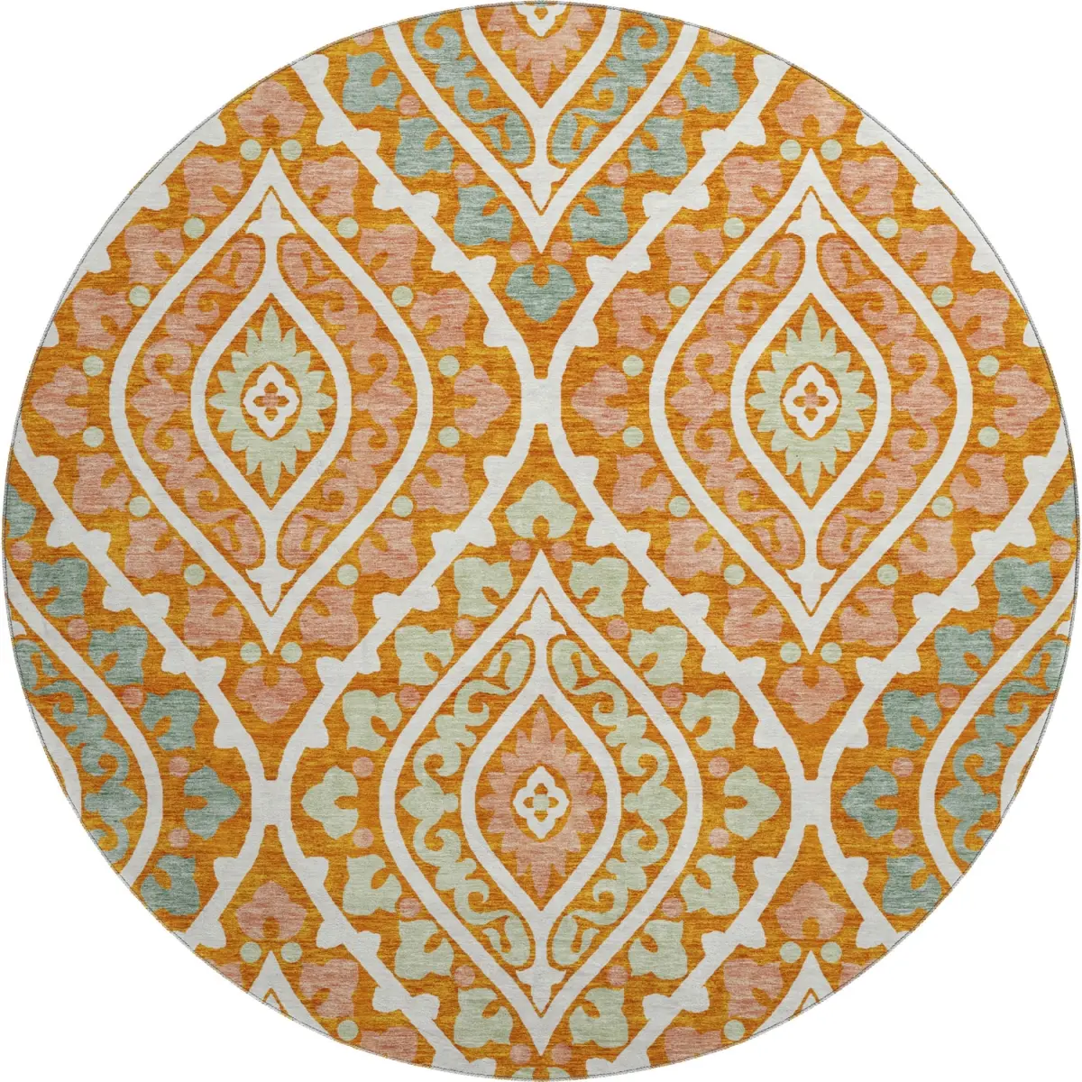 HomeRoots 663909 8 ft. Orange Green & Ivory Diamond Washable Round Area Rug with UV Protection