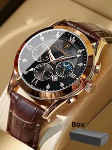 Classic Leather Men's Watch, Strap, Luminous Hands, Calendar Function, Stainless Steel Case, Quartz Movement, Business Style Gift