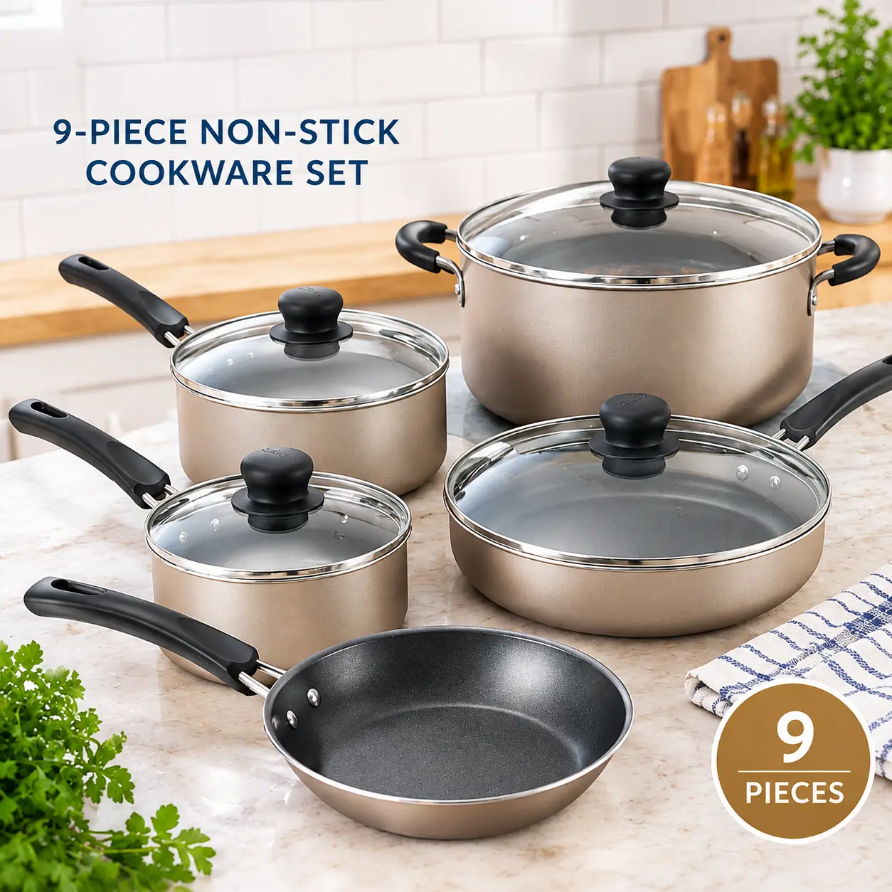 9-Piece Nonstick Cookware Set, Champagne Kitchen Pots & Pans Set for Everyday Cooking 9-Piece Nonstick Cookware Set, Champagne Kitchen Pots & Pans Set for Everyday Cooking
