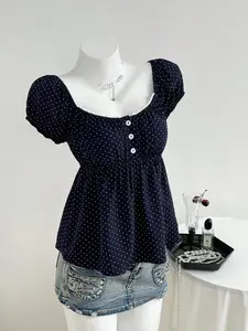 Summer Women's Simple Comfort Square Neck Polka Dot Print Short Sleeve Button Top, Casual Home Commute, Slim-Fitting No Zipper