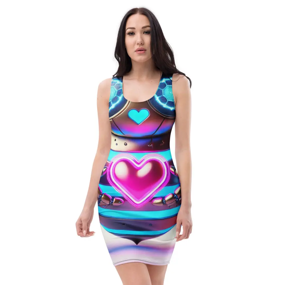 Futuristic Robot Heart Bodycon Dress, Neon Cyberpunk Festival Outfit, EDM Rave Techwear Clothing, Vibrant Sci-Fi Party Mini Dress Casual Fabric Womenswear Comfortable Fitted Spandex
