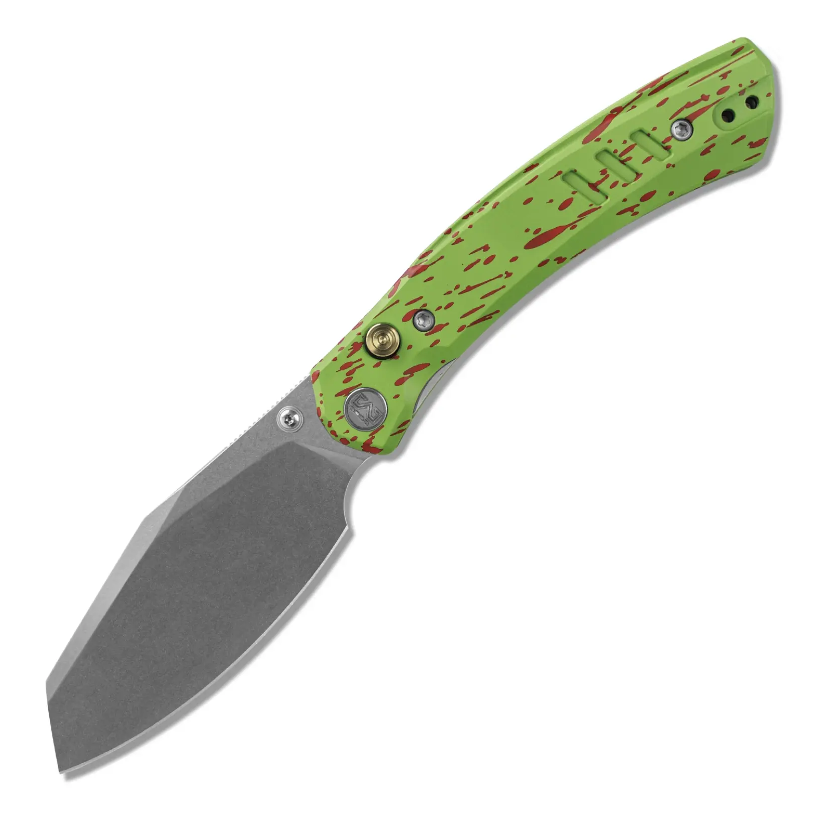 Miguron Karok Zombie Blood Splatter Green Aluminum Handle, D2 Stonewash Blade, Button Lock Folding Pocket Knife, Outdoor Camping Knife, EDC Collection for Men