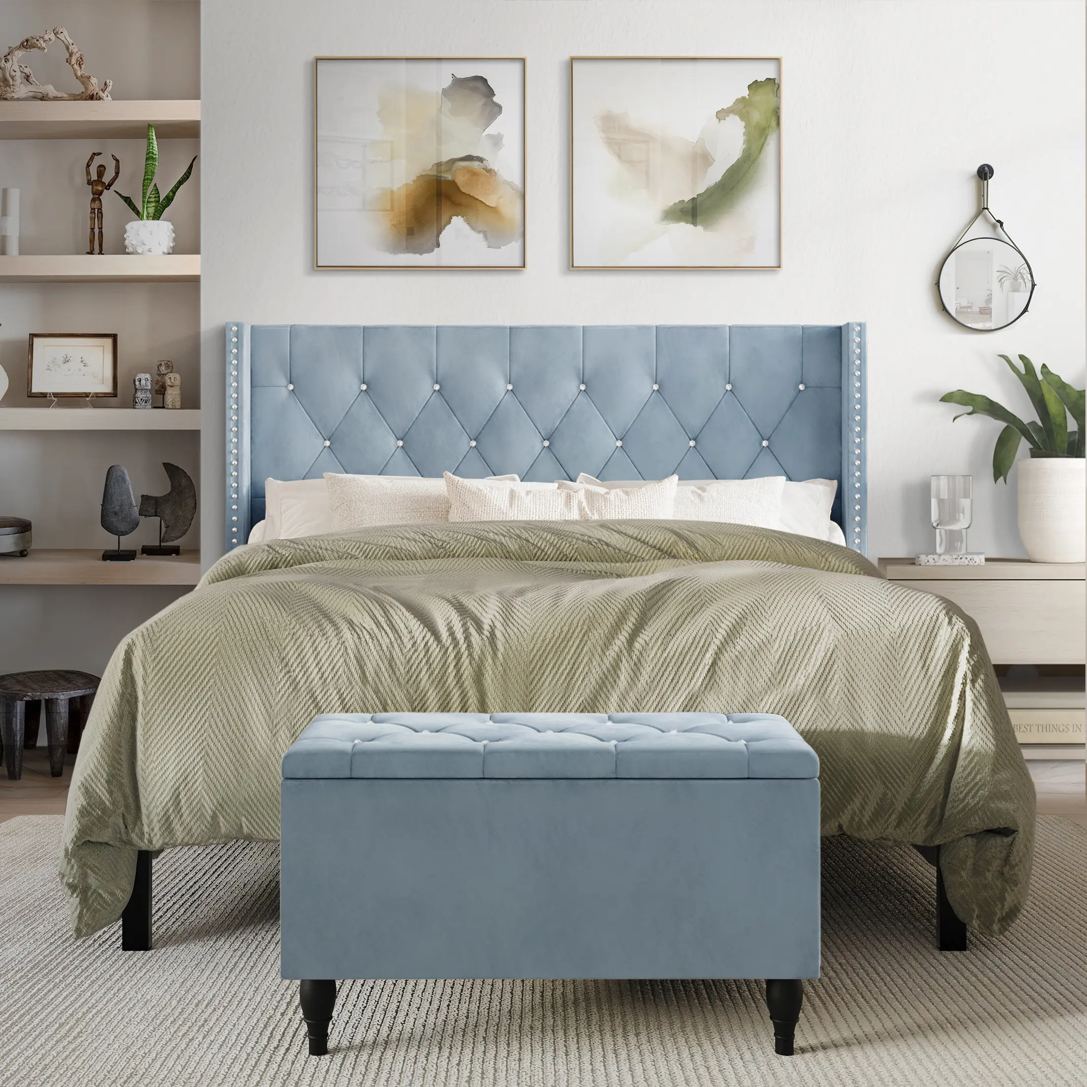 ChaletPosh Upholstered Bed Frames - Velvet Wingback Bed Frame with Storage Bench, Diamond Stitched Button Tufted Headboard, Soft Polyester Velvet