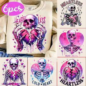 6Pcs Gothic Valentine's Day Skull Heart Iron On Transfer Stickers DIY for Tshirt Jeans Mask Backpack Durable Vinyl