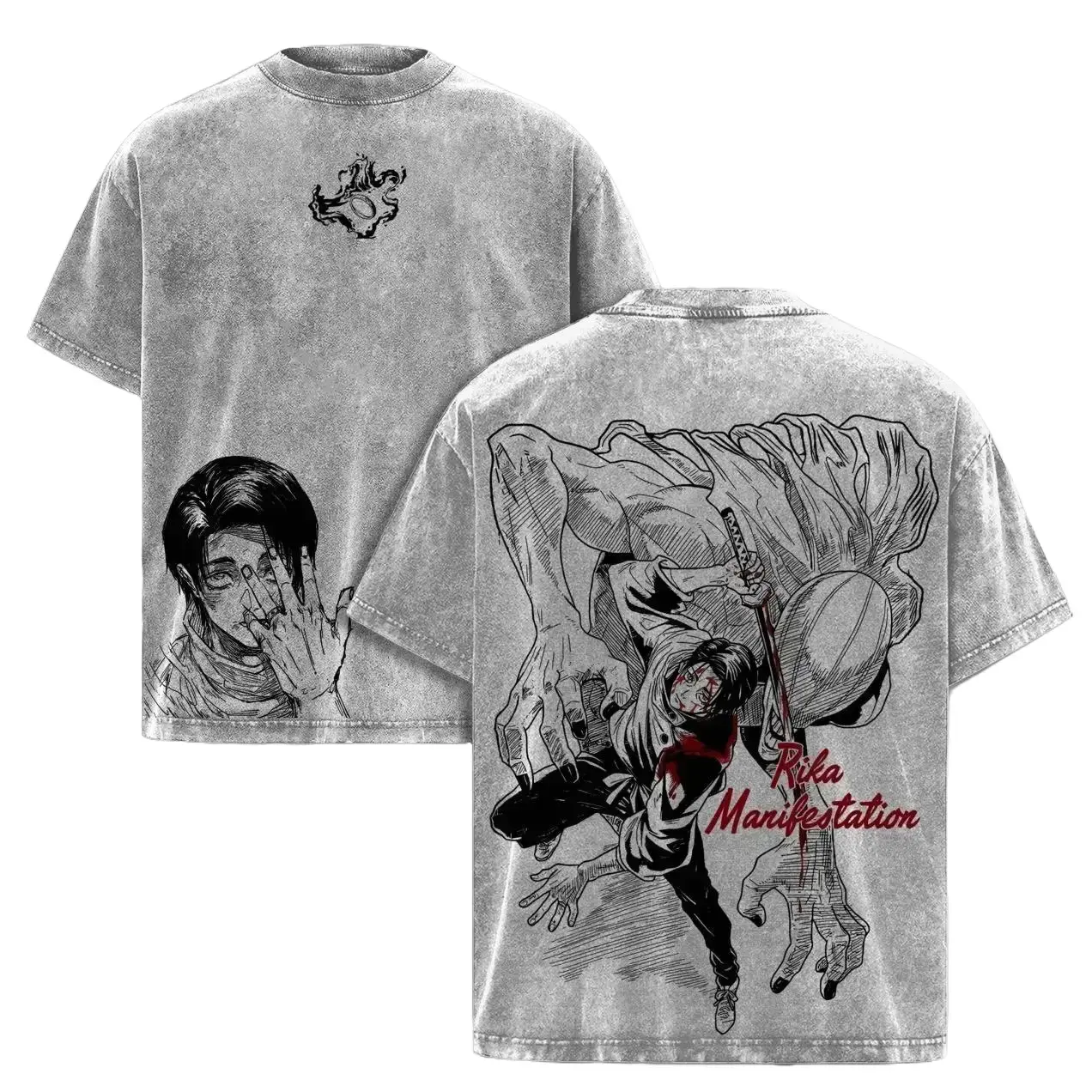 Men's Jujutsu Kaisen Graphic T-Shirt, Oversized Baggy Anime Style Top in Washed Heavy Cotton, Vintage Yuta & Rika Streetwear, Anime Elongated Men's Short-Sleeve T-Shirts, Relaxed, Anime Art Style Men's Short-Sleeve T-Shirts