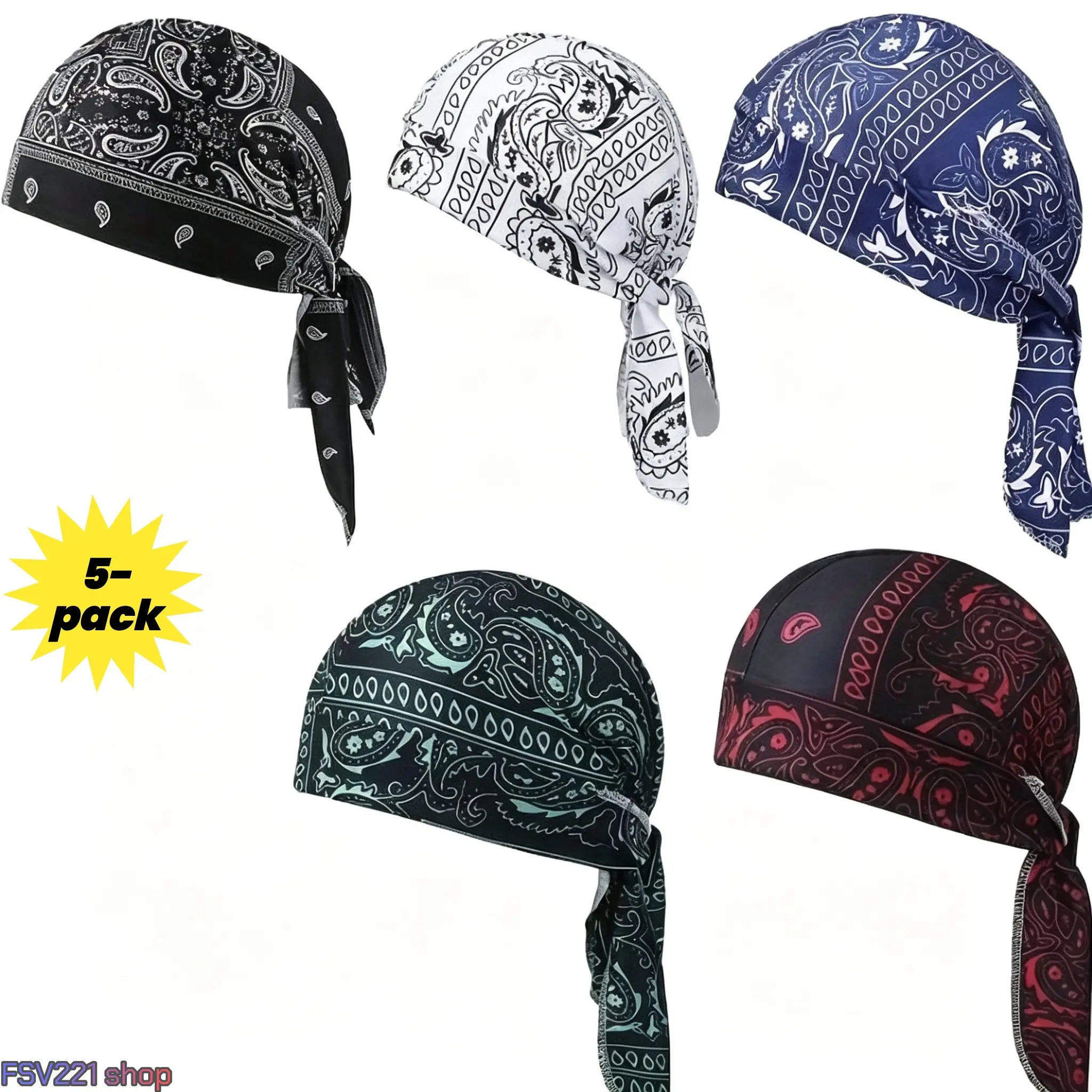 5-Pack Paisley Print Bandana Skull Caps for Adults, Unisex Quick-Dry Headwear with Stretchy Texture for Sports & Daily Outdoor Use, Universal Fit, Accessories Adults