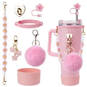 40oz Pink Tumbler with 7PCS Cherry Blossom Accessories Set - Cute Floral Design, Multi-Scenario Use, Must-Have for Trendy Girls Stylish Aesthetic, Food-Grade Safety, Girly Cherry Blossom Aesthetic Drinkware Bottles
