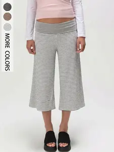 Women's Soft Draping Cuffed Striped Seven-Point Wide Leg Pants, Womenswear, High Stretch Skin-Friendly Breathable Non-Restrictive, Sweat Absorbent, Casual, Fit, 2026 Summer Arrival, Suitable for Girls & Ladies Daily Casual Home Gym Yoga Wear
