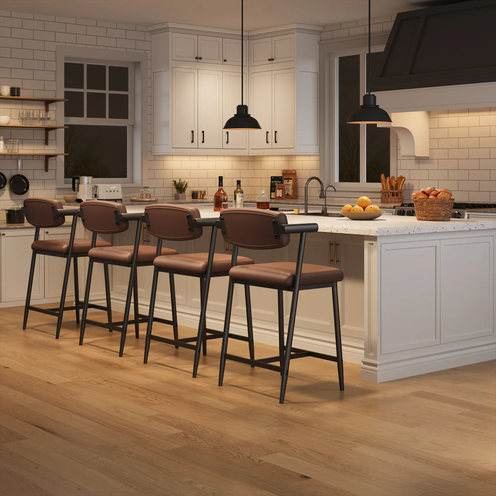 Counter Height Bar Stools Set with Arms, Modern Bar Stools Set with Back & Upholstered Wider Seat, Metal Bar Stools with Footrest for Kitchen Island, Easy Assembly