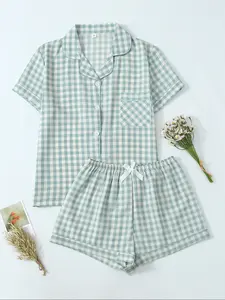 Women's Two-Piece Woven Loungewear Nightwear Pajama Set, Casual Comfortable Lapel Pocket Fitted Shirt Short Sleeve + Elastic Waist Shorts, All-Season Checkered Plaid Print Pjs