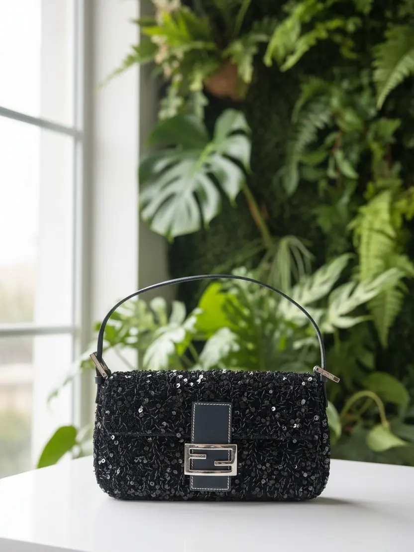 Pre-owned FENDI sequin and leather Shoulder Bags Black Sequin Navy Leather Vintage Baguette