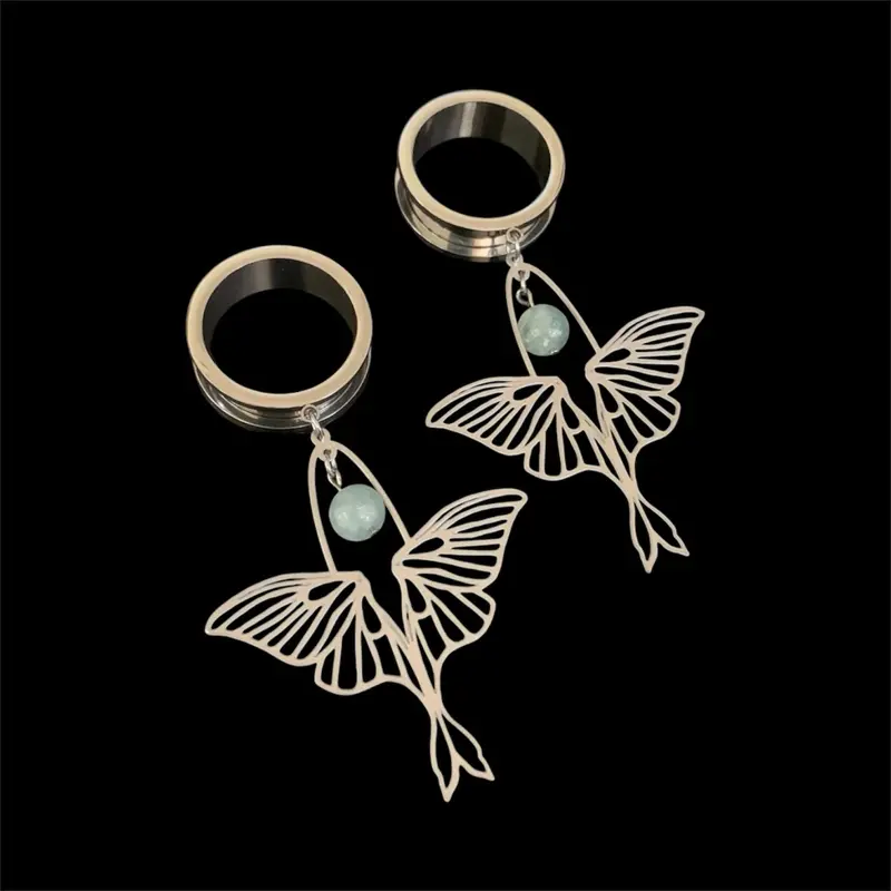 Silver Luna Moth & Fluorite Tunnels - Double Flare with Screw On Backs - Plugs For Stretched Ears - Body Jewelry - High Quality Jewelry - Gauges