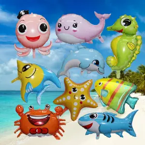9 Pieces Large Cute Sea Animal Balloons Octopus Shark Fish Dolphin Hippocampus Crab Scallops Foil Balloons for Boys Girls Sea Underwater Animals Theme Party Decoration