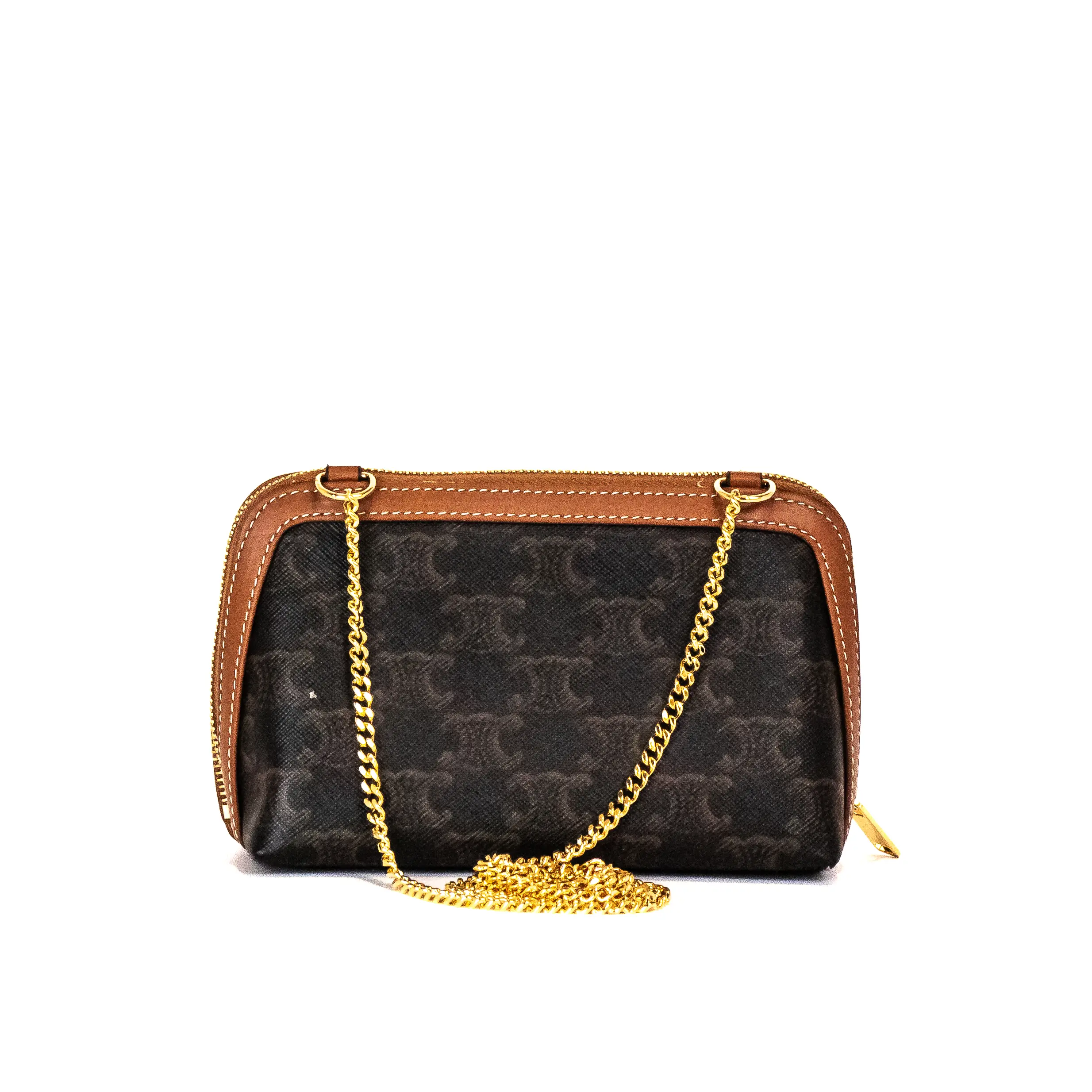 Pre-owned Celine Triomphe canvas and lambskin leather Clutches & Wristlets Mini Clutch With Chain – Triomphe Canvas & Lambskin | Chic & Versatile