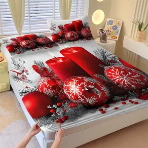 Red & Silver Christmas Ball & Flower Series Fitted Sheet Set (2 Pillowcases), Soft & Cozy, Great Holiday Gift, Enhances Cozy Christmas Vibe in Bedroom