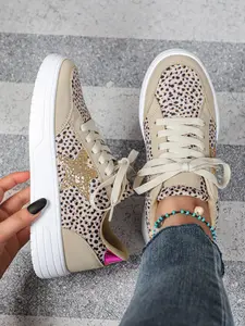 Women's Trendy Colorblock Leopard Print Outdoor Couple Skate Shoes, Casual Sneakers, Comfortable Lightweight Low Top Breathable Casual Sports Shoes