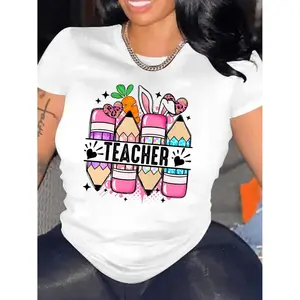 Teacher T Shirt Design Cute Pencil Bunny Carrot Hearts Graphics Colorful Teacher Appreciation Gift Idea Back to School Tee Womens Teacher Life Style Apparel