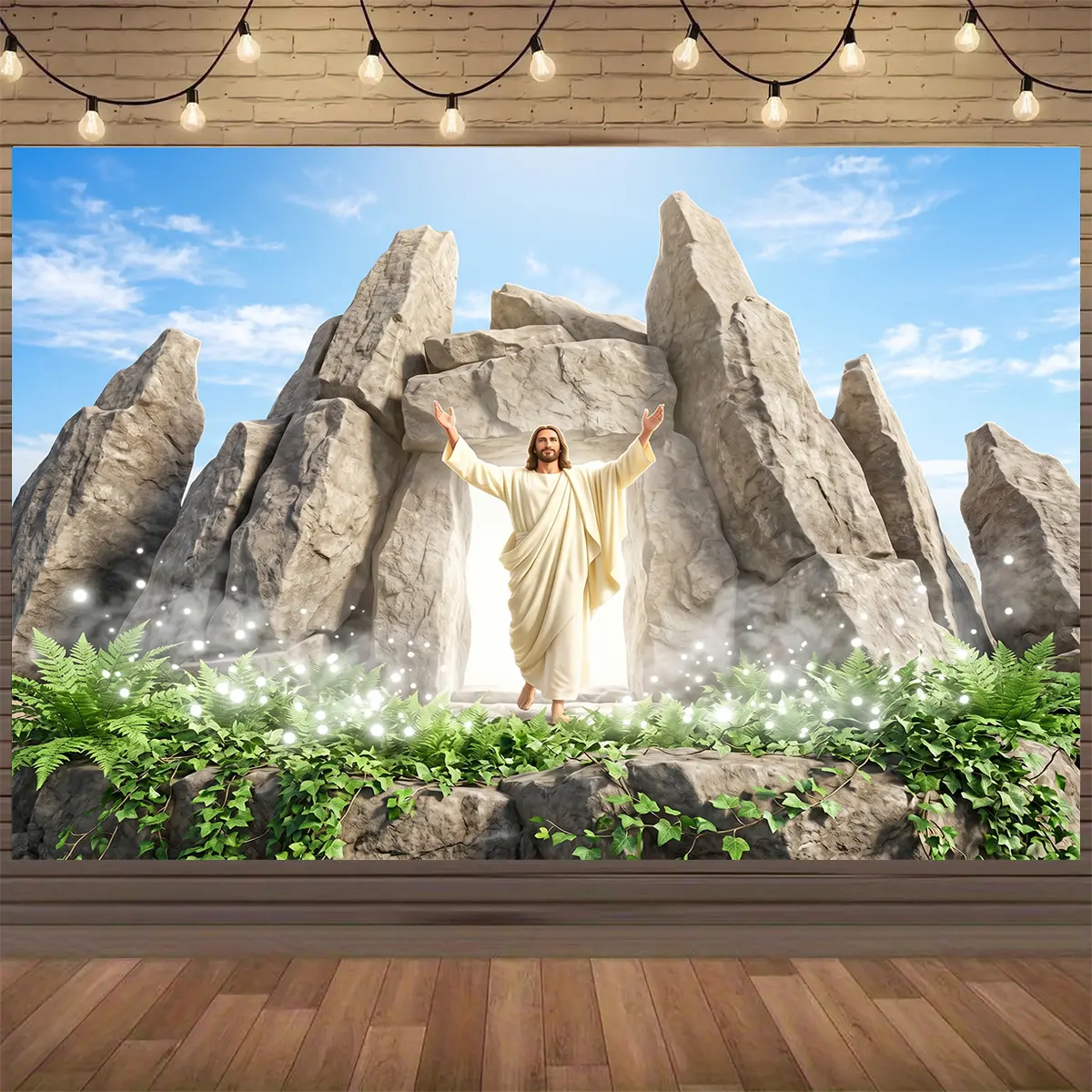 Wrinkle-Resistant Polyester Backdrop Banner - 2D Flat Printed Resurrection Jesus Christ Open Tomb Design, Lightweight Single Hanging Kit with Clips, Radiant Clouds, Angelic Light for Easter Church Party, Christmas, Birthday Decor