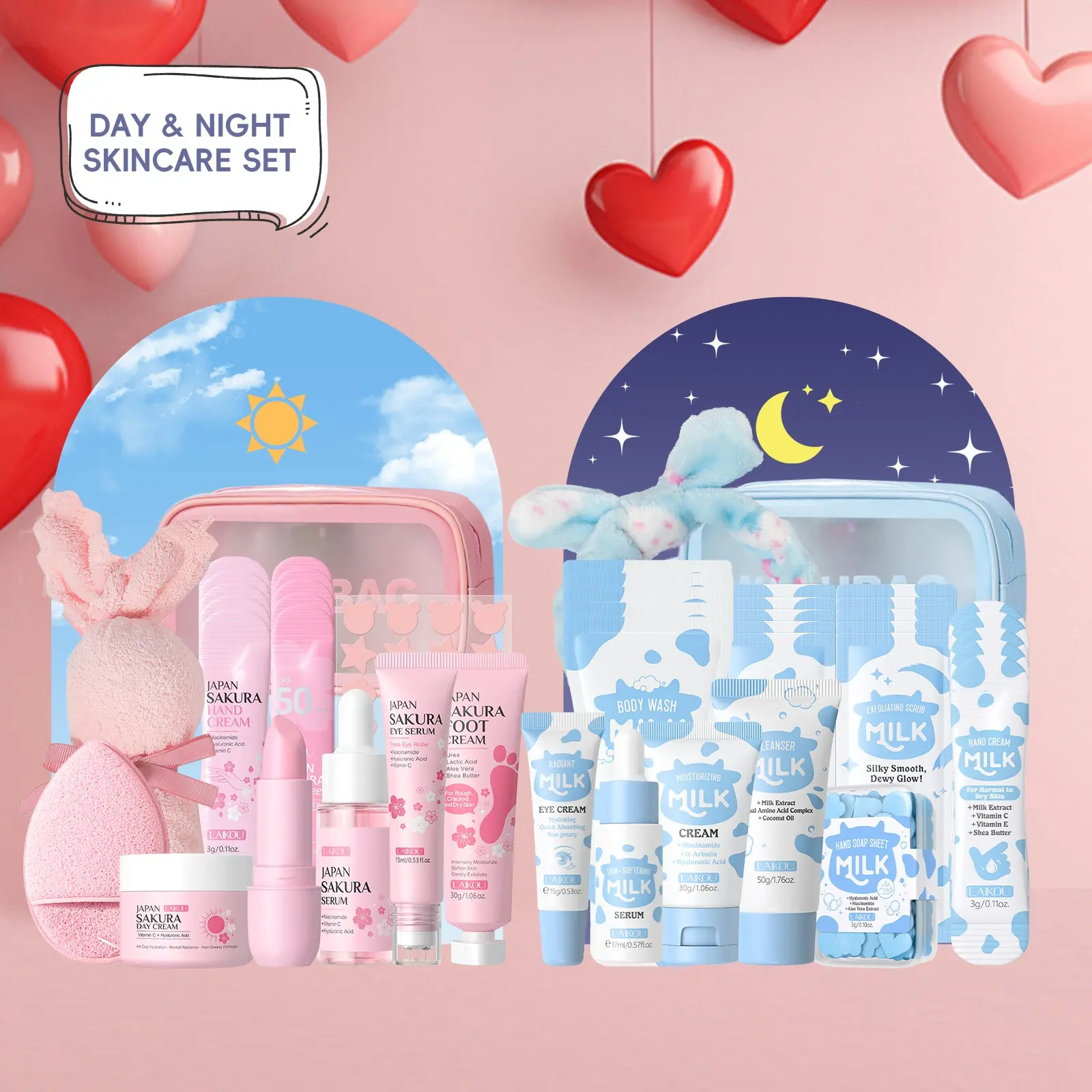 Laikou Sakura & Milk Skincare Set, Moisturizing Set, Day & Night Skincare Kit, Beauty Bundle Kit, Facial Care Set, Includes Cleanser, Serum, Creams, Sunscreen, Hand Cream, Unisex Body & Face Skincare Kit for Daily Cleansing, Moisturizing Hydrating Kit