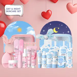 Laikou Sakura & Milk Skincare Set, Moisturizing Set, Day & Night Skincare Kit, Beauty Bundle Kit, Includes Cleanser, Serum, Creams, Sunscreen, Hand Cream, Unisex Body & Face Skincare Kit for Daily Cleansing, Moisturizing Hydrating Kit