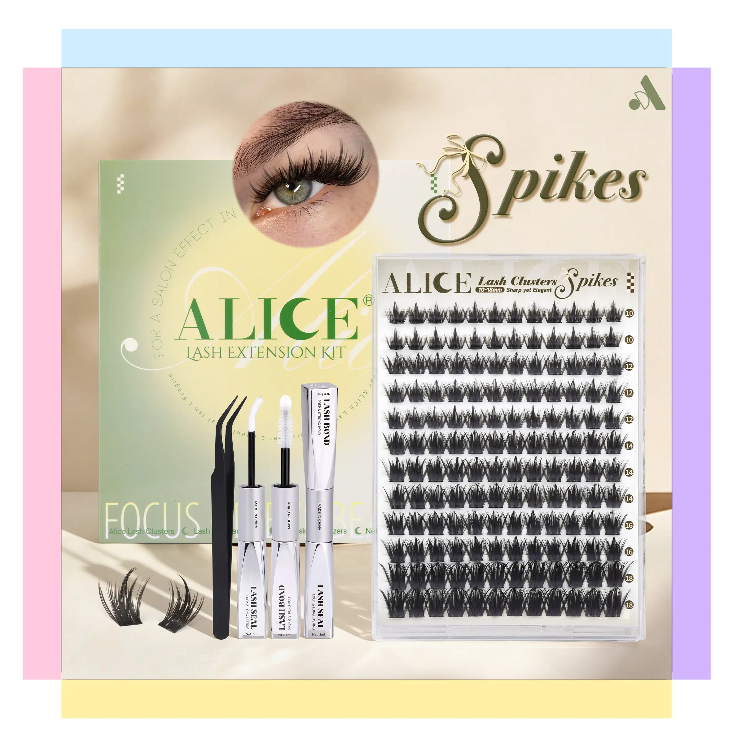 ALICE DIY Eyelash Extension Kit, Spikes Individual Lash Clusters with Thin Band, CD Curl, 10-18mm Mixed Lengths for Natural Makeup Looks, Eyelash Extensions