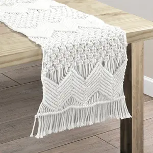 Lush Decor Boho Macrame Indoor/Outdoor Table Runner Handcrafted Water Repellent 13"x72" with Fringe for All Seasons Decor