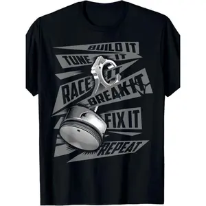 Racing T-Shirt Black Build Tune Race Break Fix Repeat Graphic Tee for Car Enthusiasts Casual Cotton Bold Design
