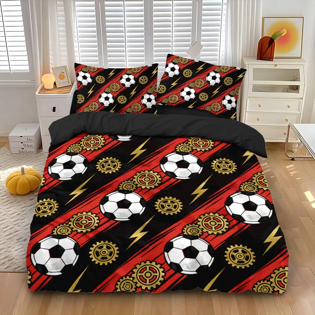 3-piece quilt cover set (1 quilt cover +2 pillowcases, coreless) Mechanical wind football themed gold gear lightning print soft and comfortable bedding, suitable for all rooms including hotel bedrooms Bedding Sets