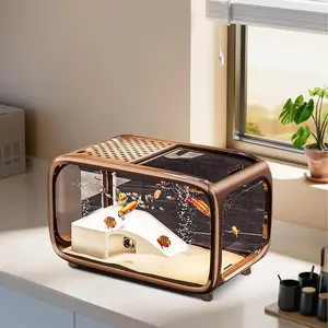 [Brown simple ecological fish tank] Panoramic transparent acrylic material, silent and lampless multi-function design, light and durable, Shrimp Tanks - desktop aquarium decoration, home office multi-scene adaptation, modern natural style