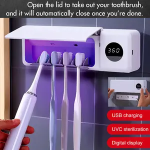 Wall Mounted Electric Toothbrush Holder Rechargeable Toothbrush UV Light Cleaning Holder 4 Slots for Bathroom Cordless & No Drilling NEW
